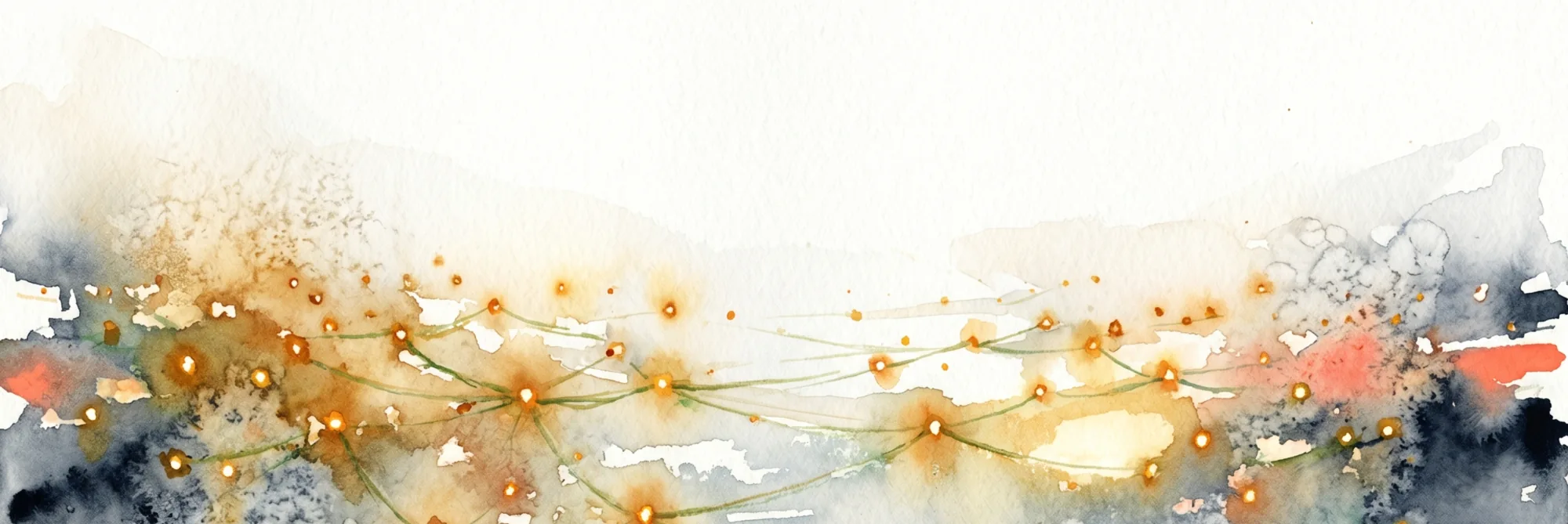 A watercolour of civil resilience: many scattered points of warm light linked by faint threads, holding together as the surrounding structure dissolves